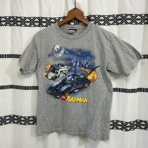 Y2K LEGO Batman Boys Medium 8 Gray Graphic Tee DC Comics Retro Batmobile